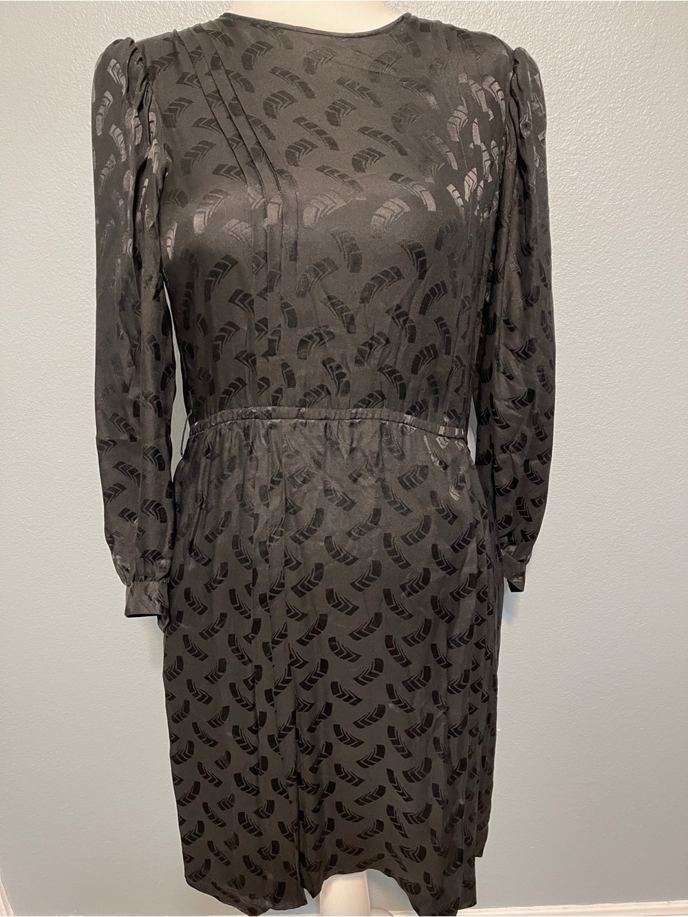 Argenti Black Dress Long Sleeve Puff Shoulder Fit Flare Vintage Midi Size 10